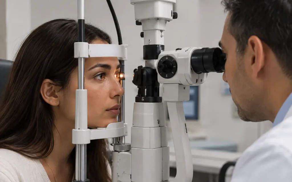Ophtalmologue réalisant un examen de la vue à l’aide d’une lampe à fente dans une clinique.