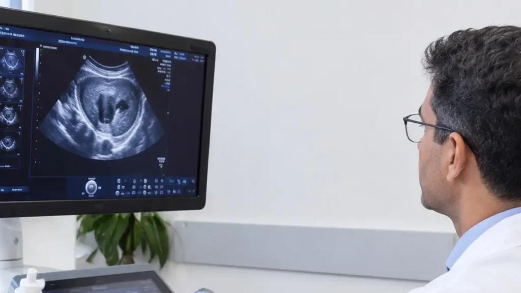 Médecin gynécologue réalisant une échographie obstétricale à l'aide d'un appareil médical dans une salle de consultation à la Clinique Assalam à Tanger.